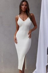 Sweepstakes Ribbed Knit Side Split Midi Dress White