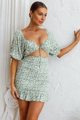 Aperol Spritz Shirred Bodice Puff Sleeve Mini Dress Floral Green