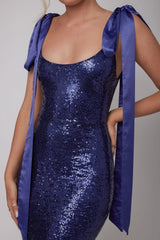 Birthday Wish Tied Shoulder Sequin Maxi Dress Blue