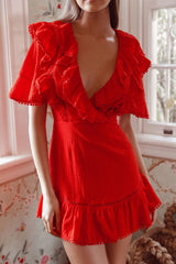 Shay Ruffle Lace Trim Mini Dress Red