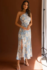 Casa Del Mar One-Shoulder Ruched Midi Dress Floral Blue