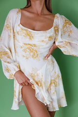 Beaujolais Long Sleeve Cowl Neckline Ruffle Mini Dress Floral Yellow
