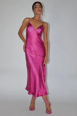 Downtown Cami Strap Front Split Midi Dress Fuchsia