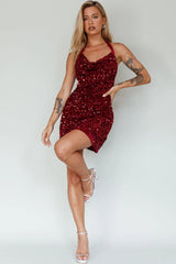 Star Lights Halterneck Mini Dress Sequin Merlot