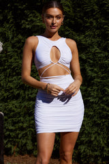 St. Barts Drawstring Bust Cut-Out Bodice Mini Dress White