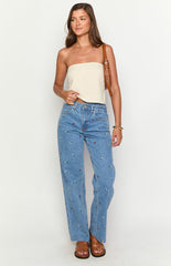 Kansis Blue Embroidered Uneven Waist Jeans