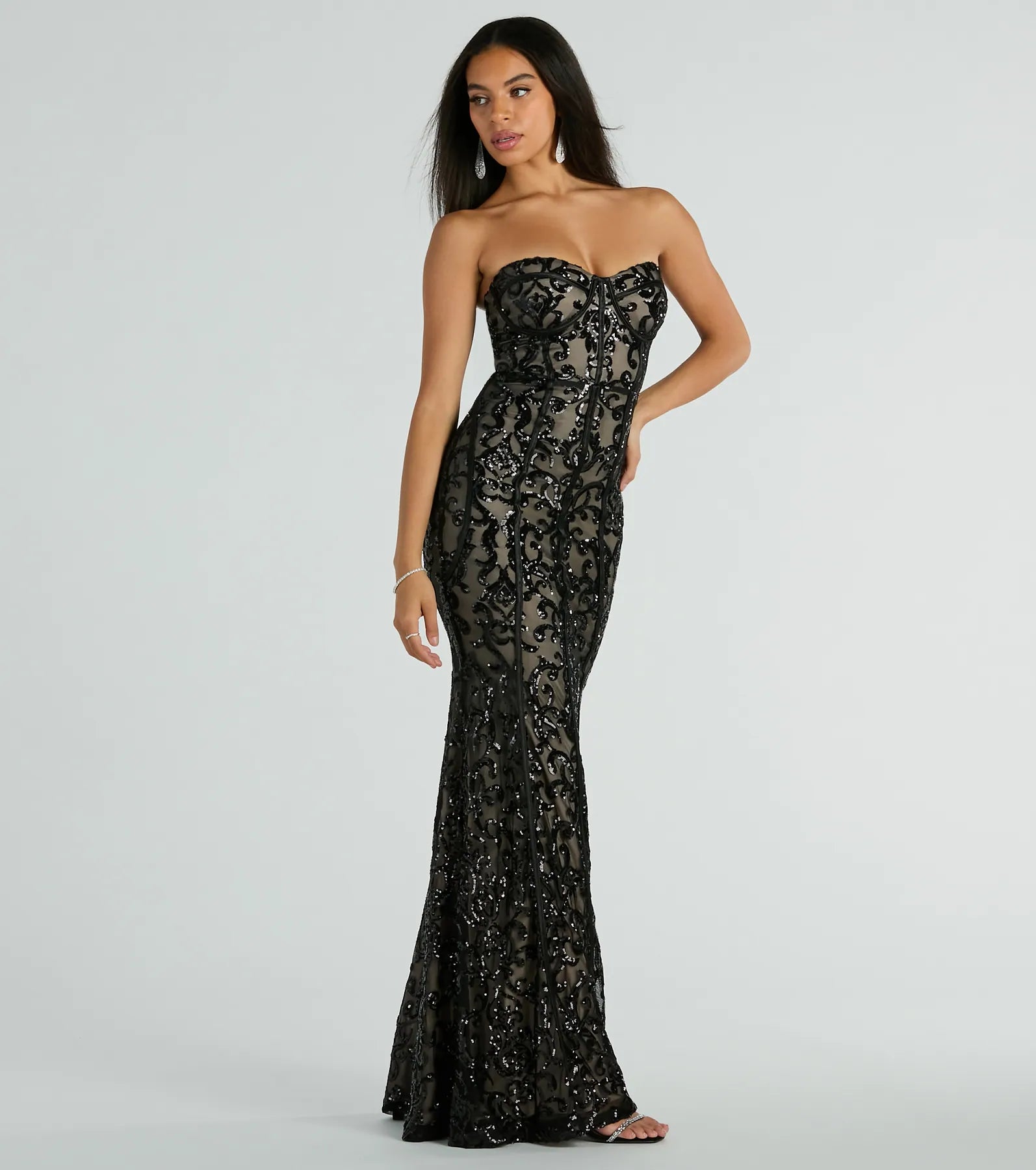Serena Strapless Corset Sequin Column Formal Dress