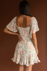 Leona V-Bust Frill Mini Dress Floral Peach