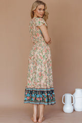 Mayan Angel Sleeve Wrap Midi Dress Floral Nude