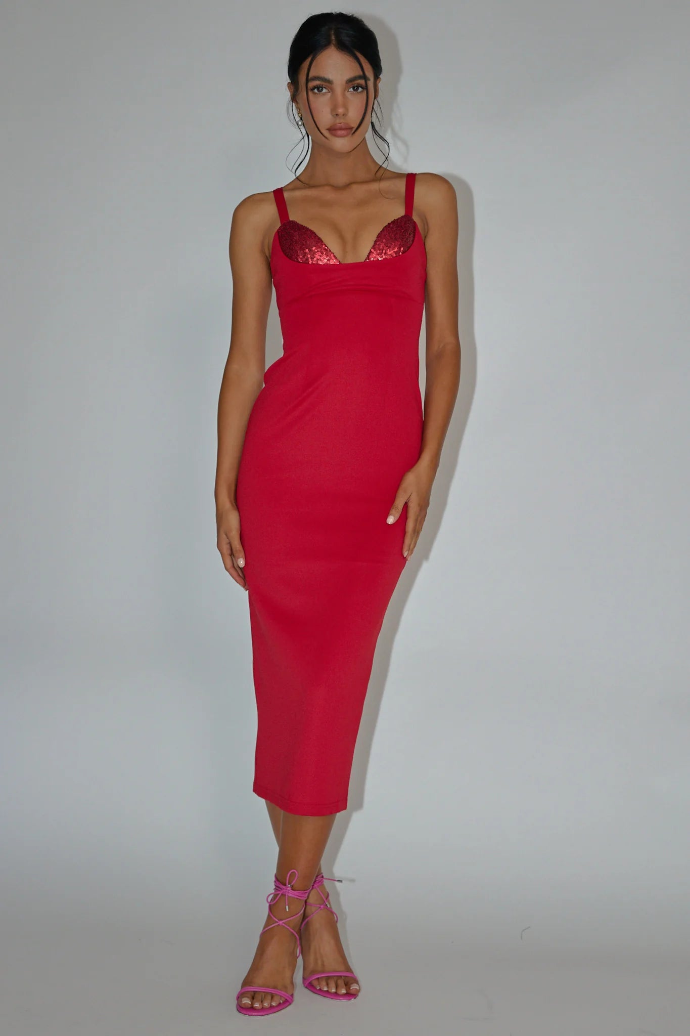 La Bellevilloise Sequin Bust Midi Dress Red