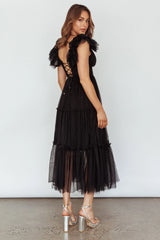Amal Ruffle Shoulder Tulle Midi Dress Black
