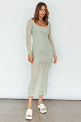 Happy Place Long Sleeve Crochet Midi Dress Sage