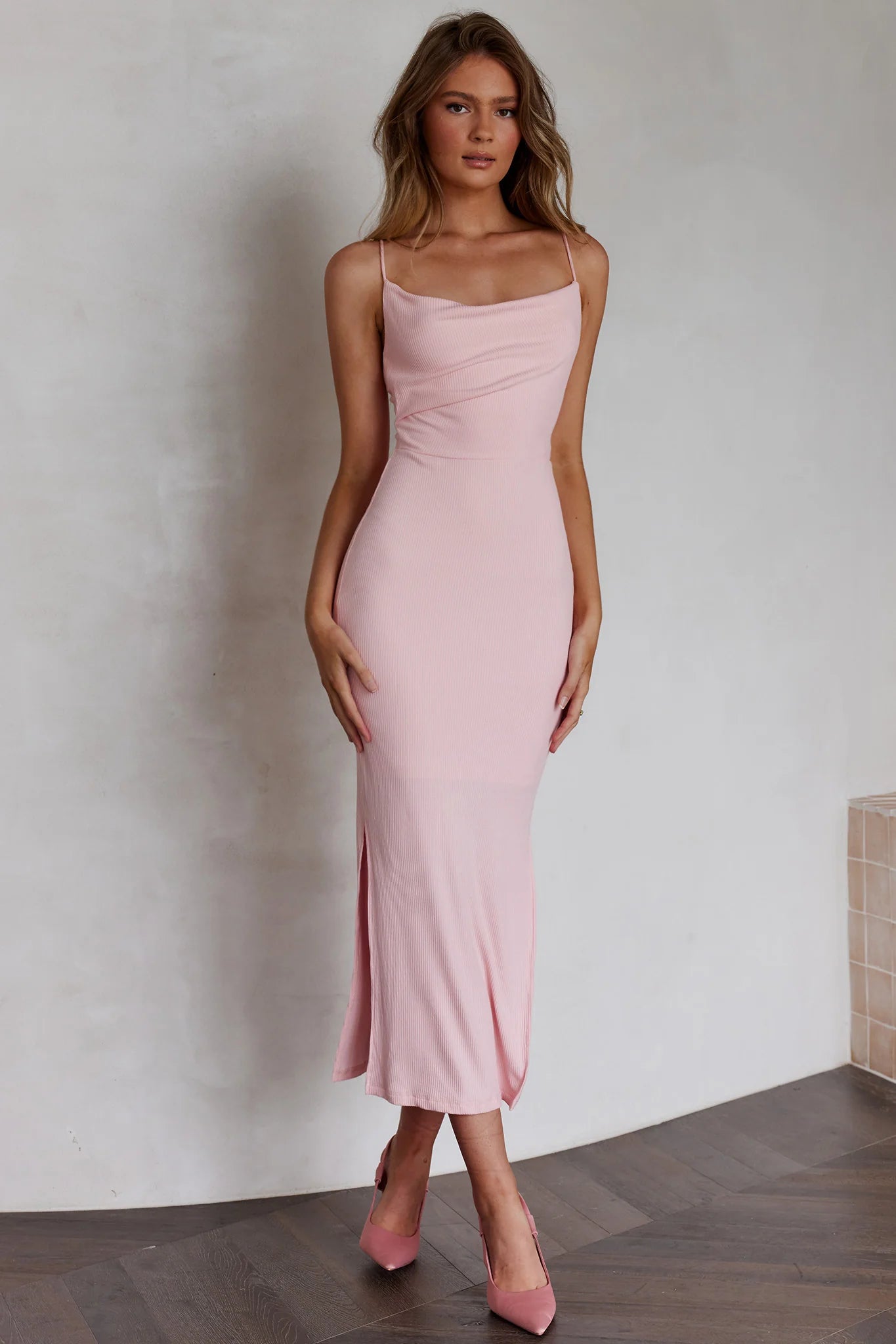 Frieda Cowl Neck Side Split Ribbed Midi Dress Blush