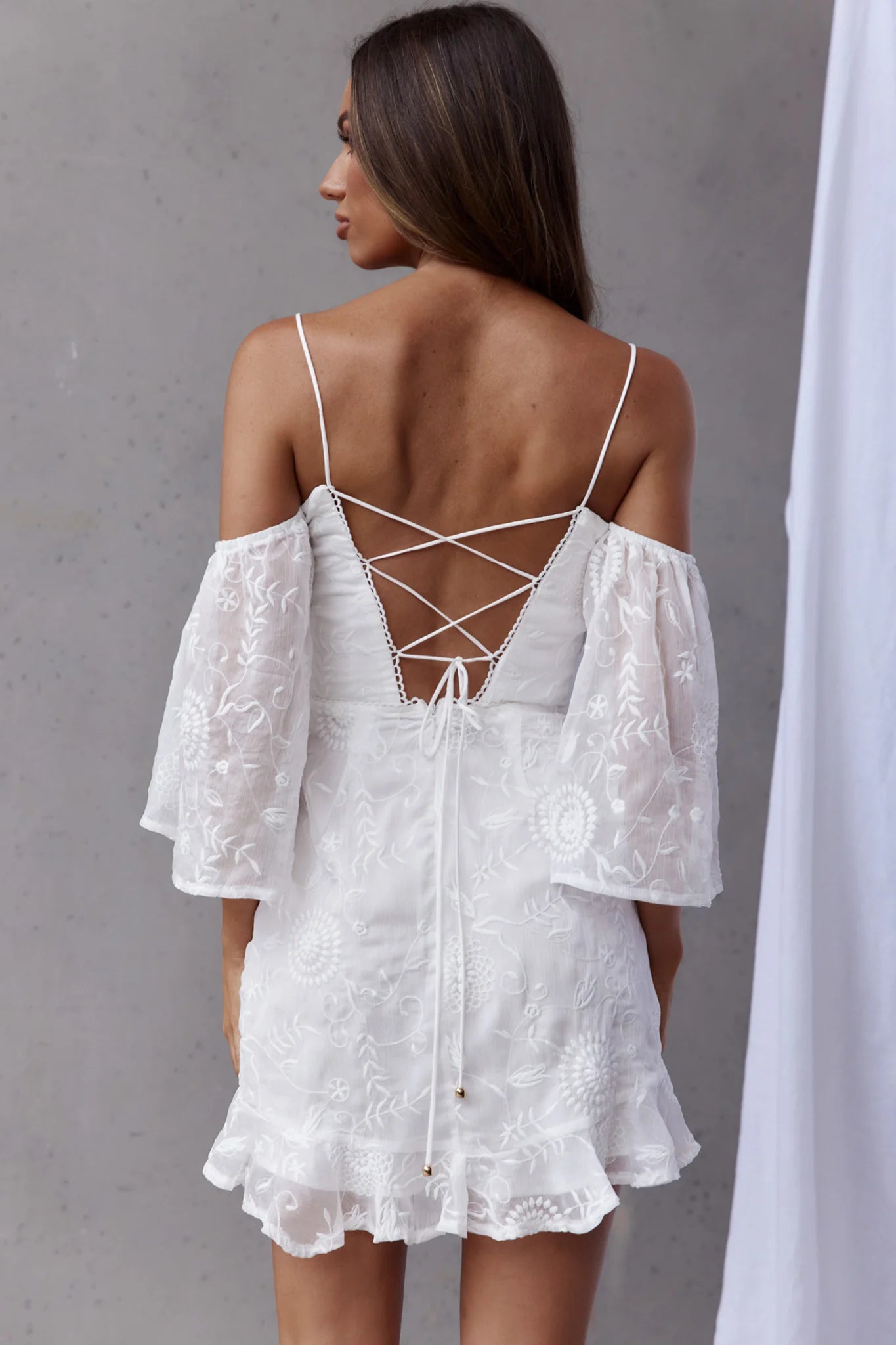 Koda Bell Sleeve Lace-Up Back Mini Dress White