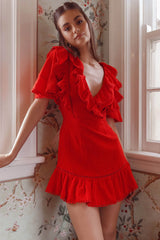 Shay Ruffle Lace Trim Mini Dress Red