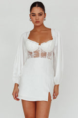 Trophy Long Sleeve Lace Bodice Mini Dress White