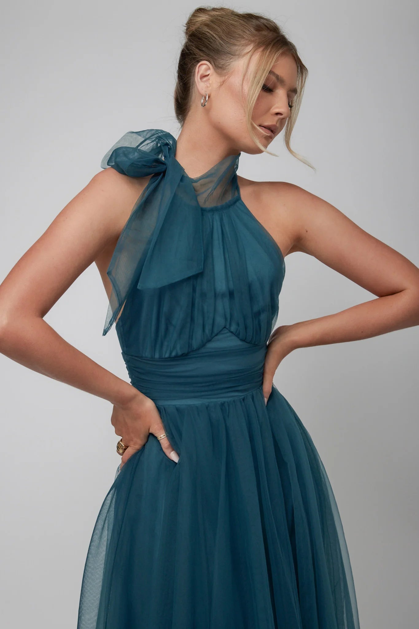 Andria Halterneck Tulle Midi Dress Teal
