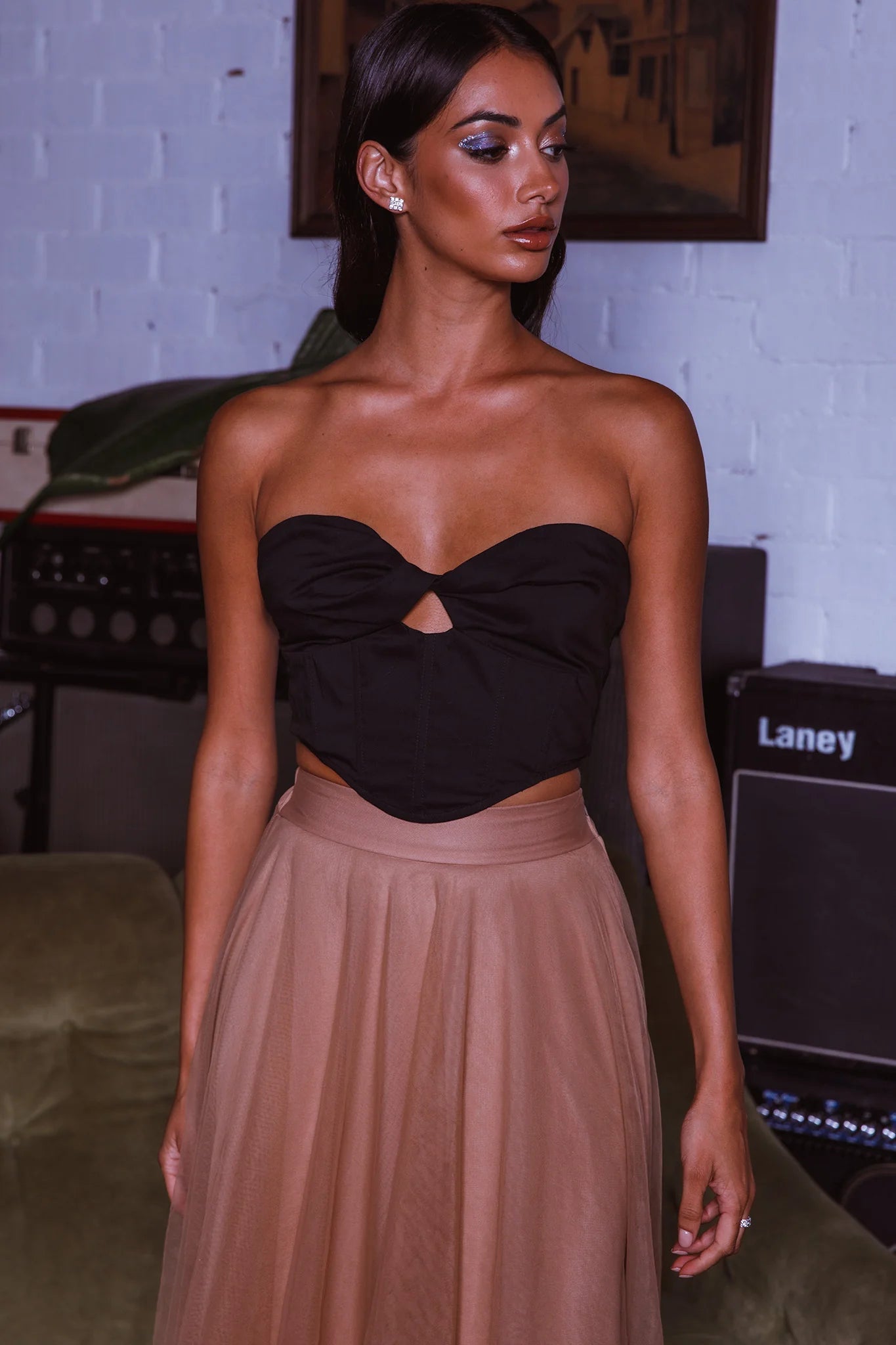 Jasmine Organza Mesh Elasticated Waist Midi Skirt Brown