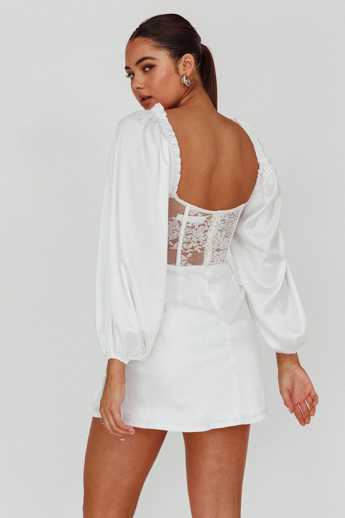 Trophy Long Sleeve Lace Bodice Mini Dress White