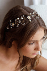 Flower & Pearl Wire Headband Gold
