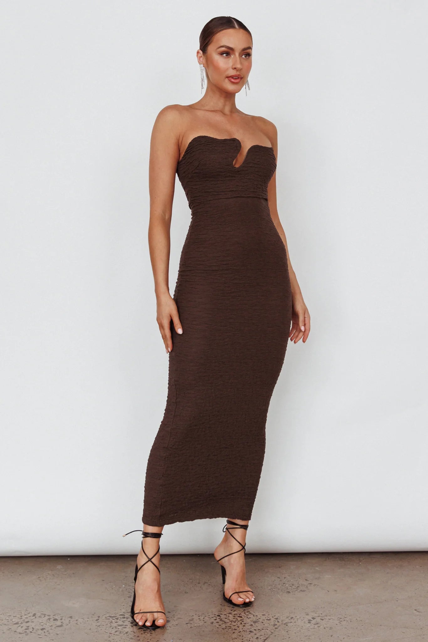 Horizon Strapless Textured Midi Dress Chocolate