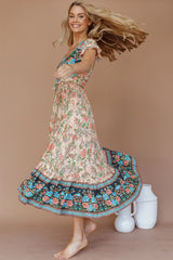 Mayan Angel Sleeve Wrap Midi Dress Floral Nude