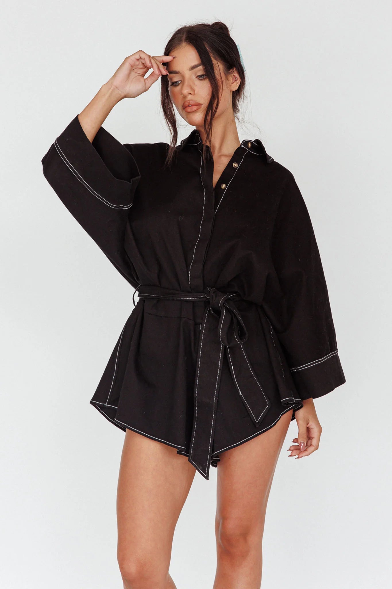 Daytona Beach Long Sleeve Shirt Romper Black