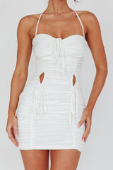 Harli Ruched Drawstring Keyhole Mini Dress White