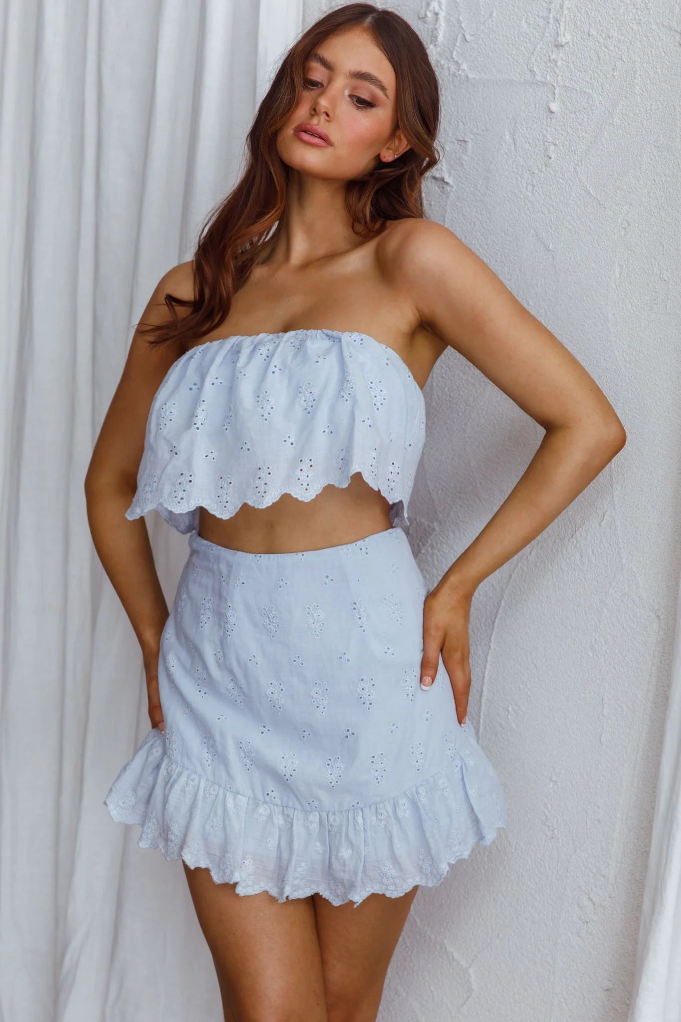 Kyla Scalloped Eyelet Crop Top Blue