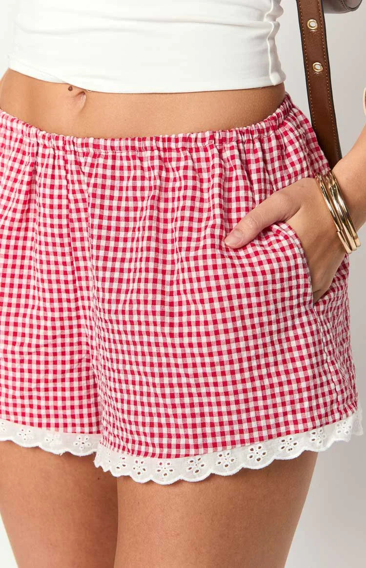 Arnie Red Gingham Broderie Lace Shorts