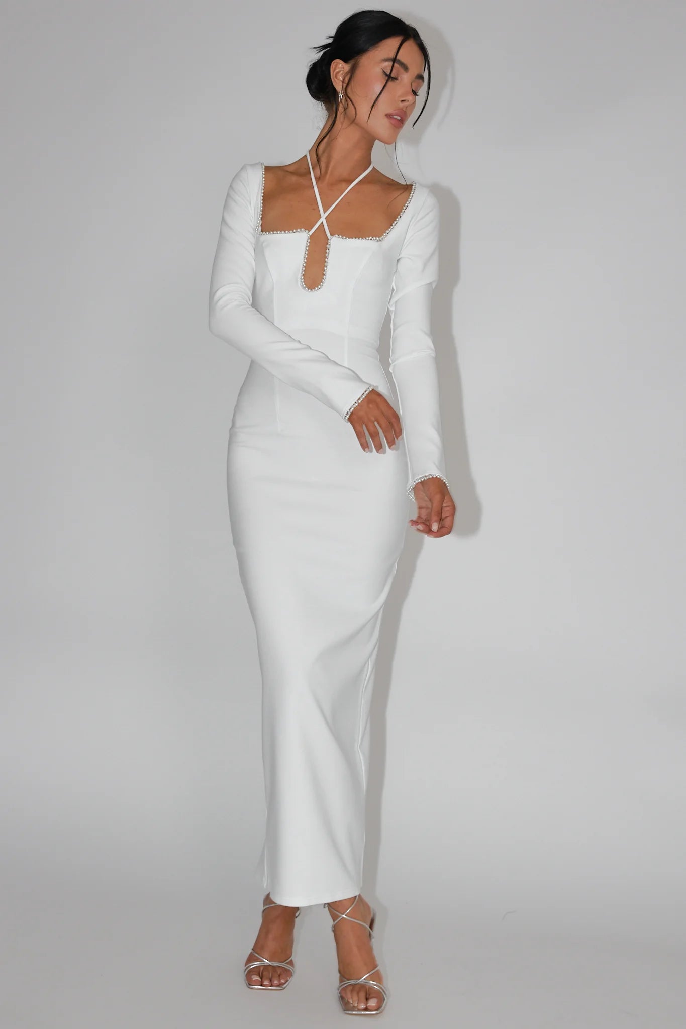 Samantha Pearl Trim Midi Dress White