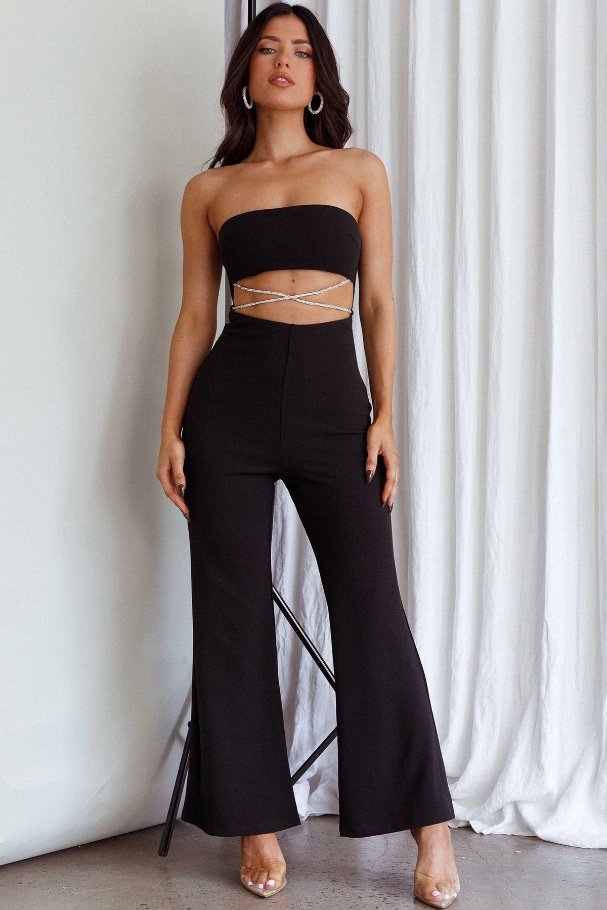 Nohemi Strapless Diamante Jumpsuit Black
