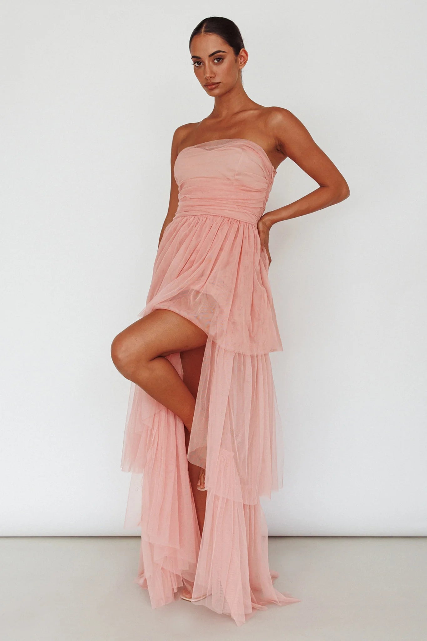 Haeven Tiered Strapless Maxi Dress Blush