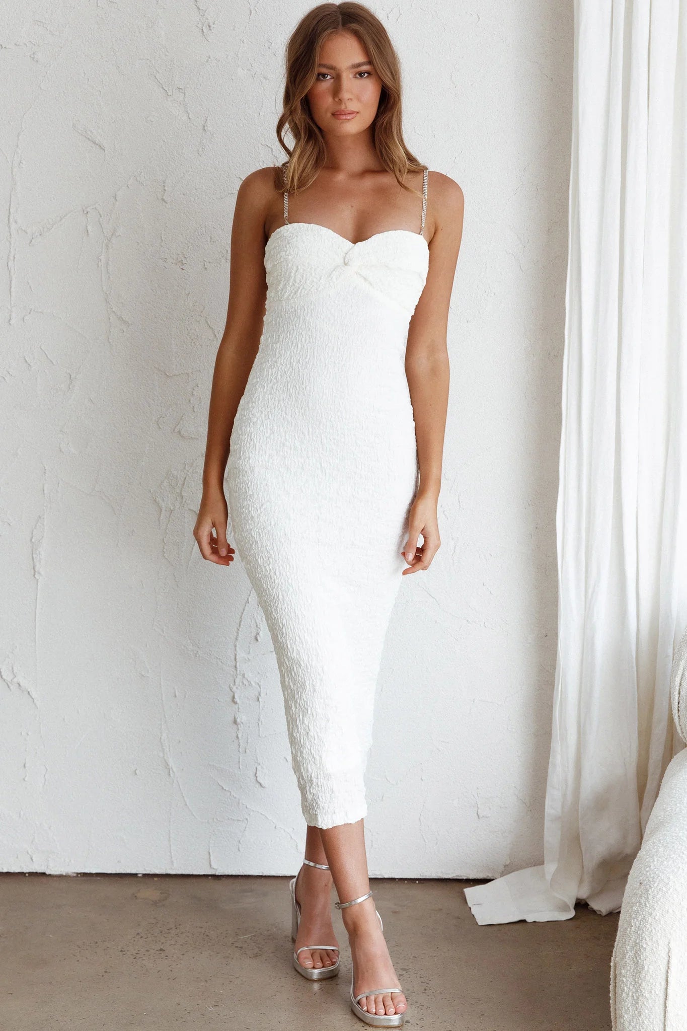 Tiffani Diamante Strap Midi Dress White