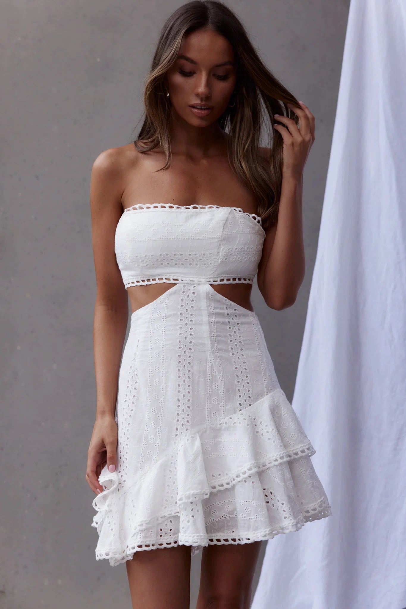 Majorca Cut-Out Waist Eyelet Dress White
