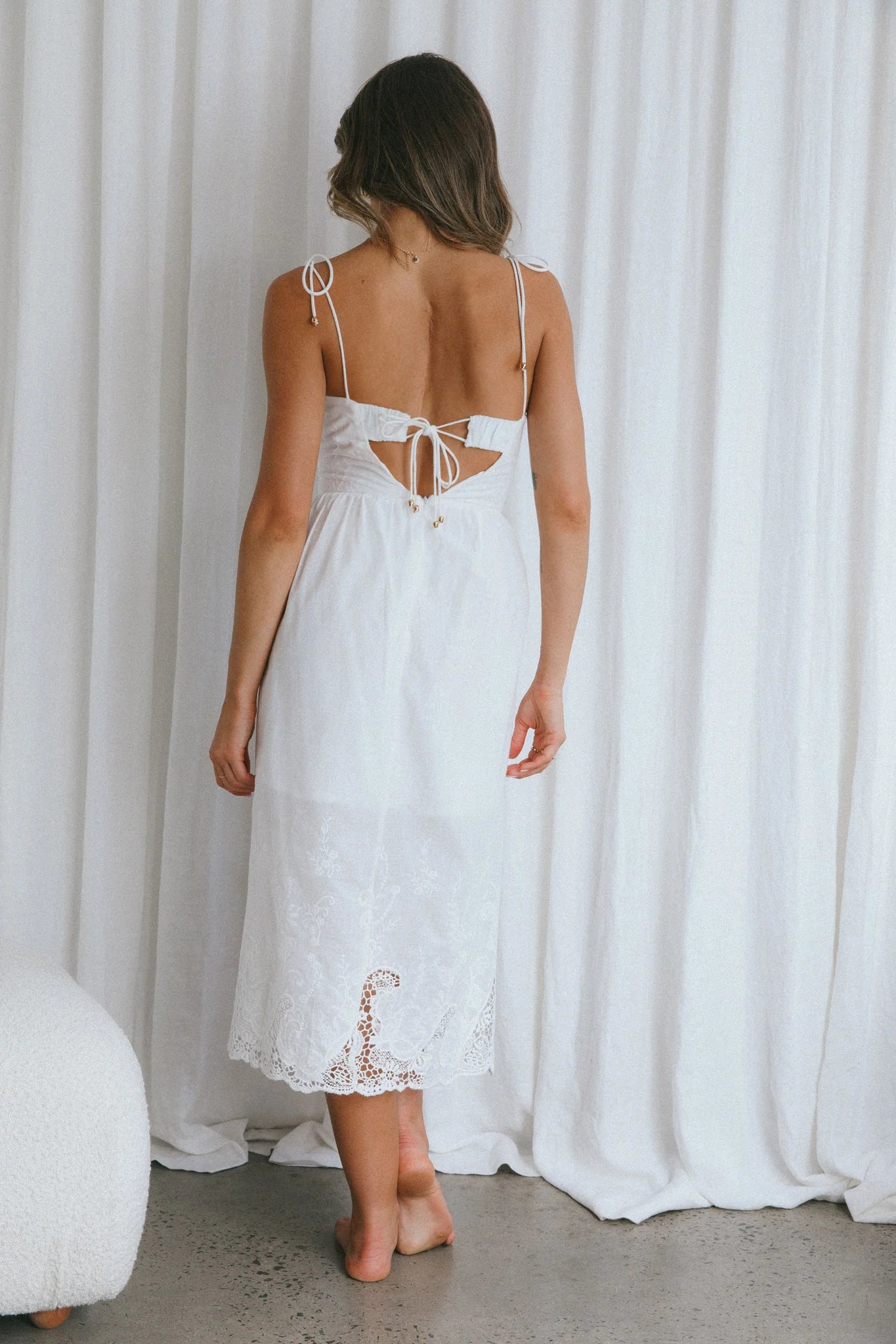 Lovers Lane Lace Trim Tied Strap Midi Dress White