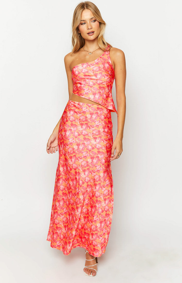 Claudi Orange And Pink Satin One Shoulder Top