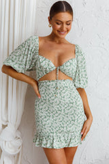 Aperol Spritz Shirred Bodice Puff Sleeve Mini Dress Floral Green