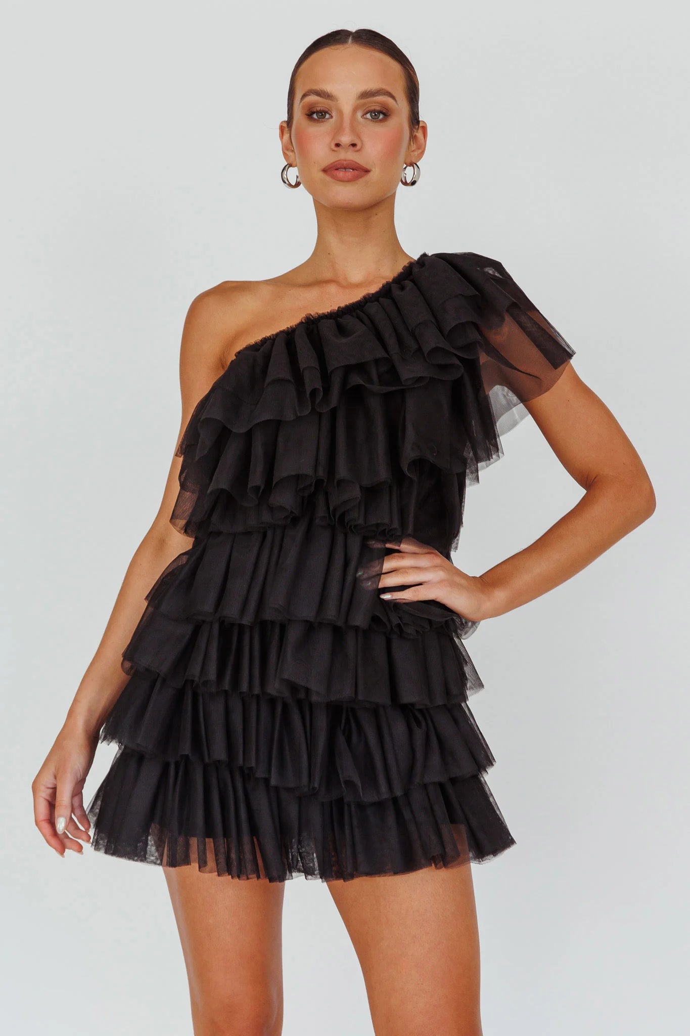 Tomi Layered Frill One-Shoulder Mini Dress Black
