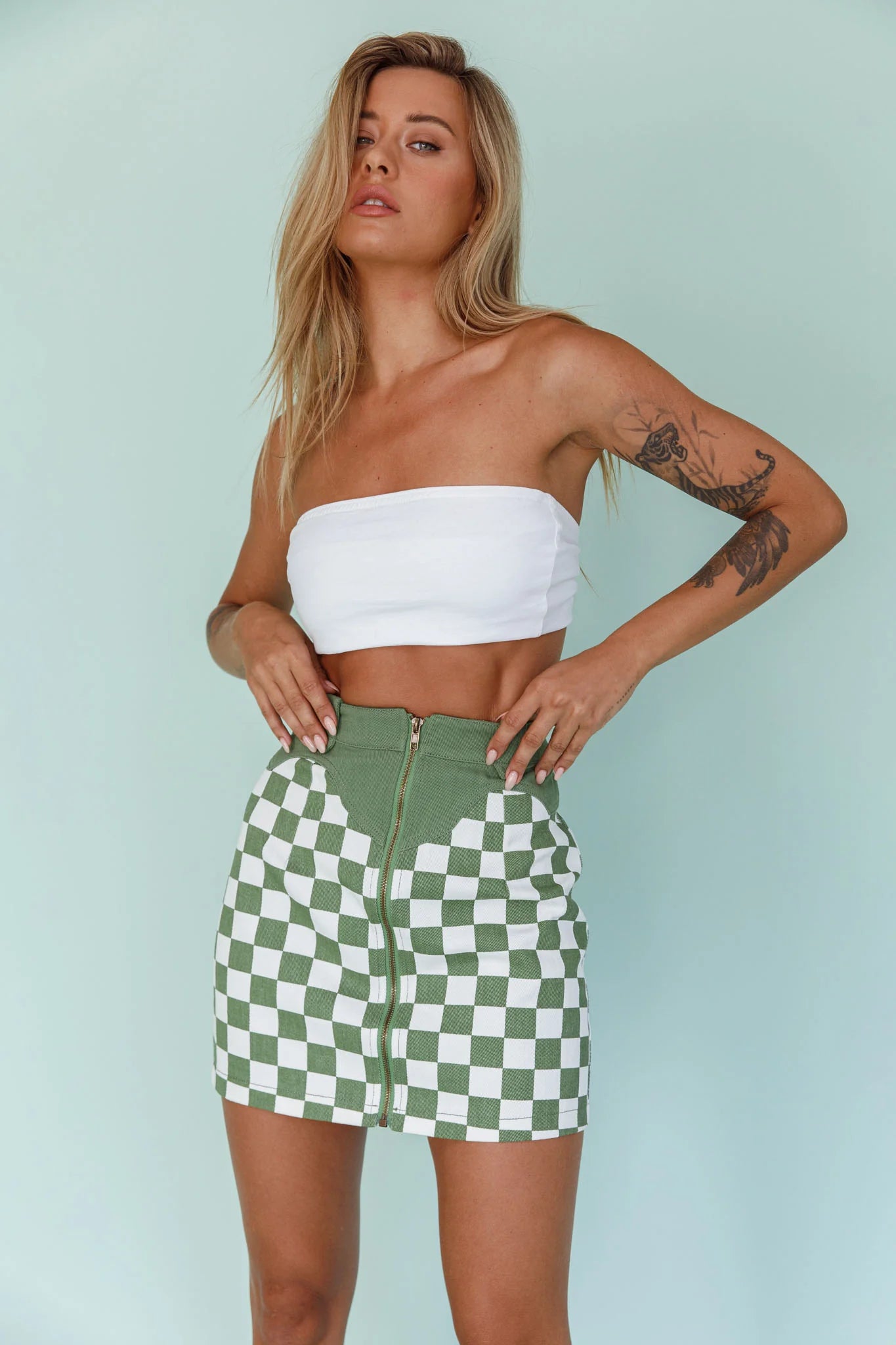 Rewind Zipper Front Mini Skirt Checkered Green