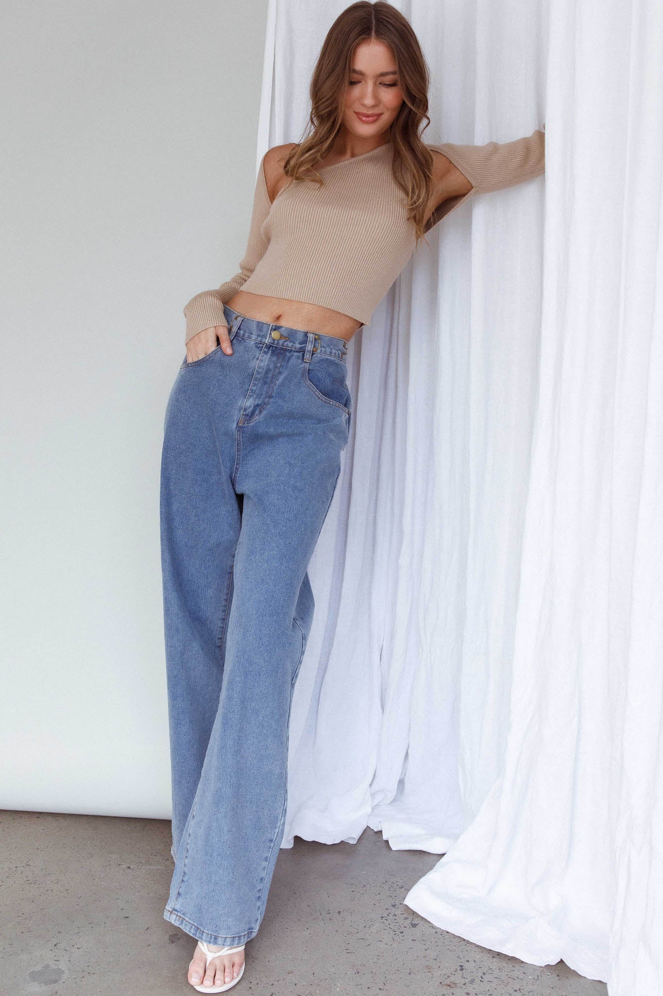 Holland One Shoulder Knit Top & Long Sleeve Shrug Latte