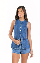 Dawson Mid Wash Denim Button Down Vest Top