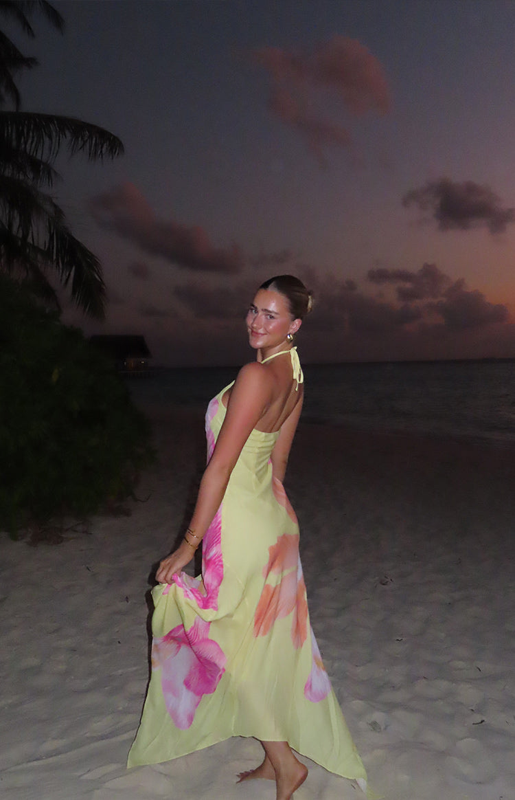 Elowen Yellow Hibiscus Floral Halter Maxi Dress