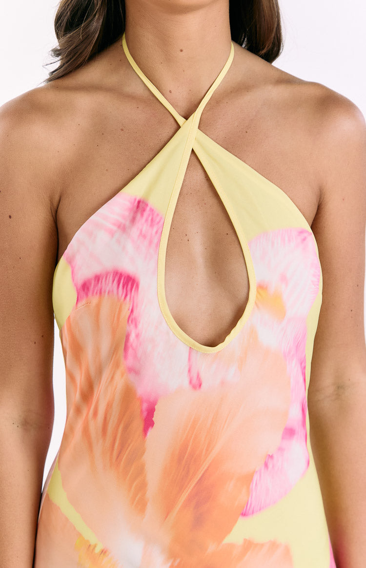 Elowen Yellow Hibiscus Floral Halter Maxi Dress
