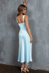 Pale Moonlight Knot Strap Midi Dress Steel Blue