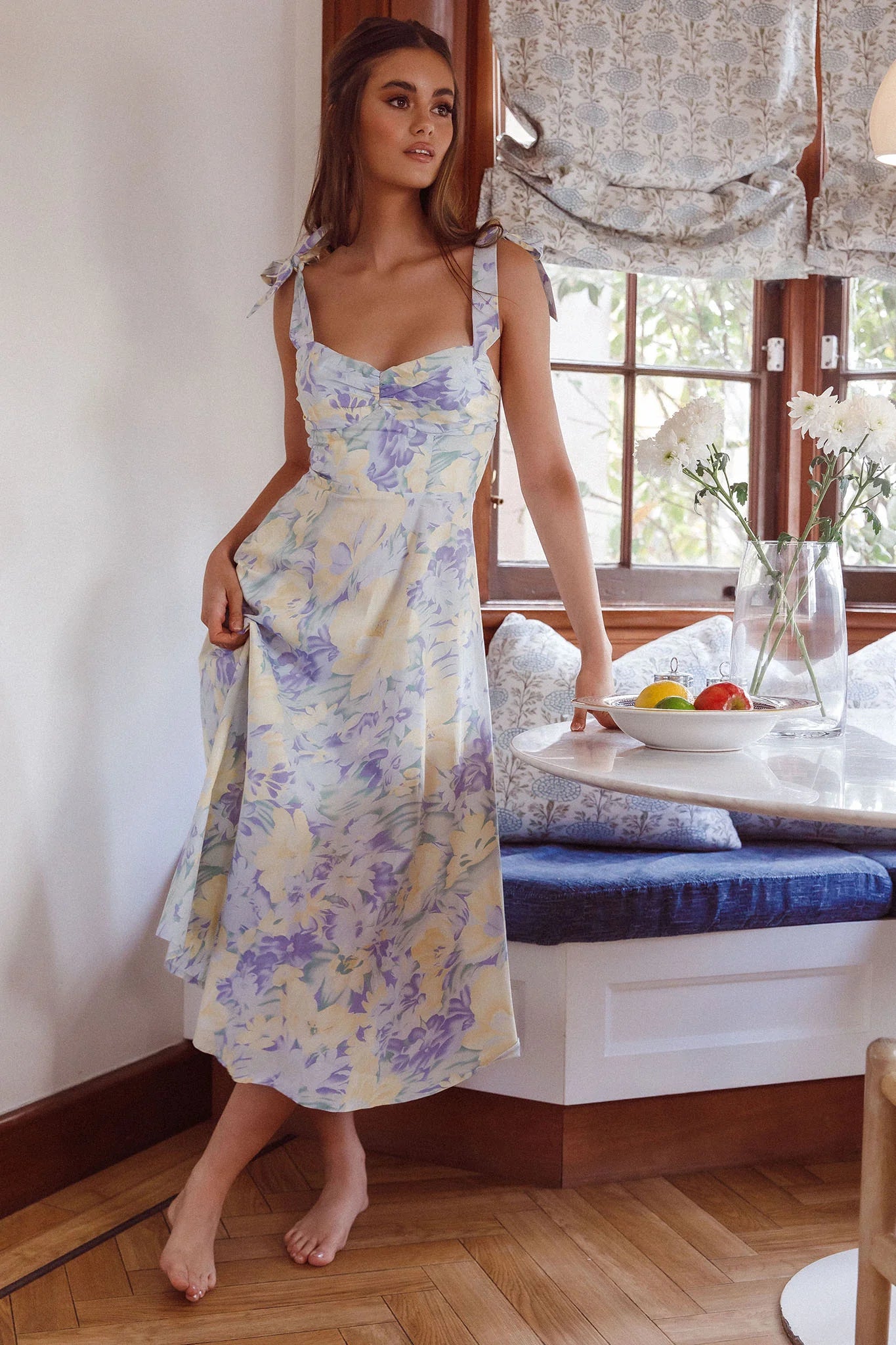 Sweet Pea Tied Shoulder Midi Dress Floral Purple