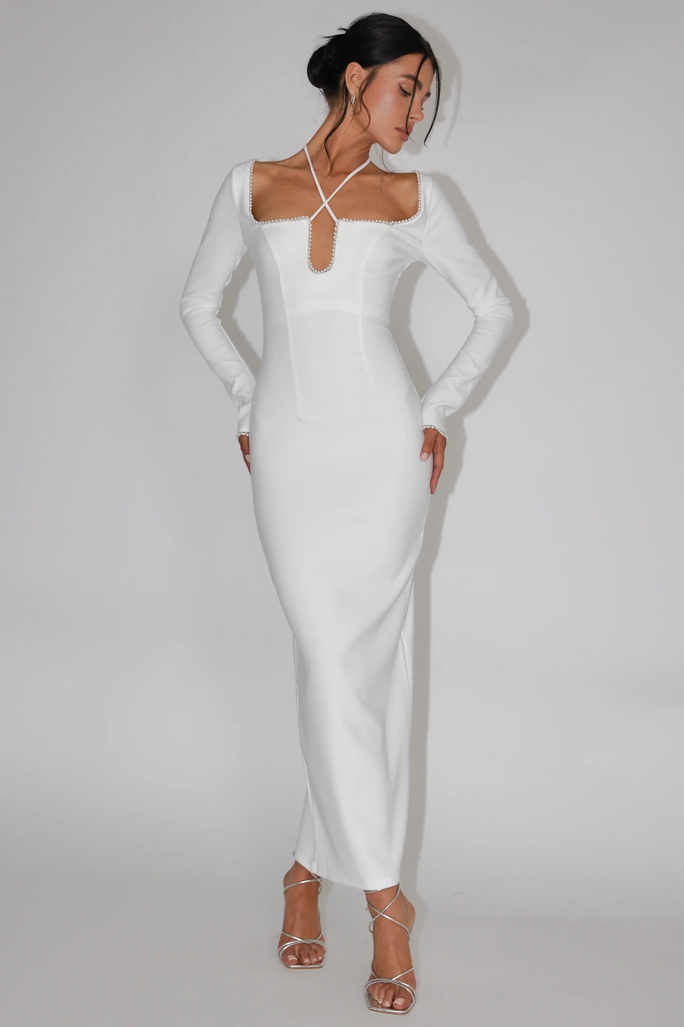 Samantha Pearl Trim Midi Dress White