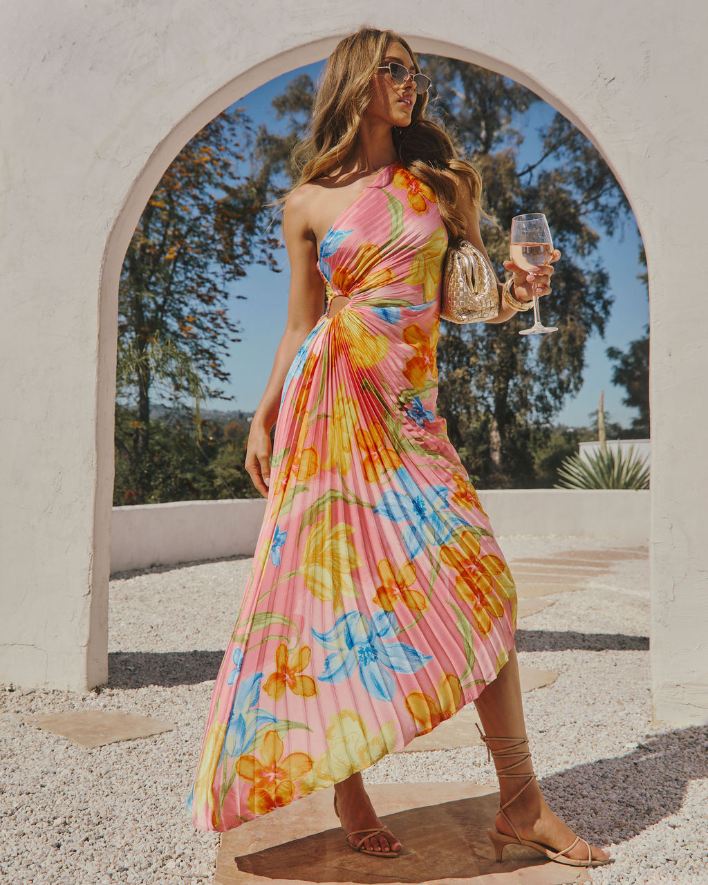 Modern Day Glam Printed One Shoulder Asymmetrical Maxi Dress