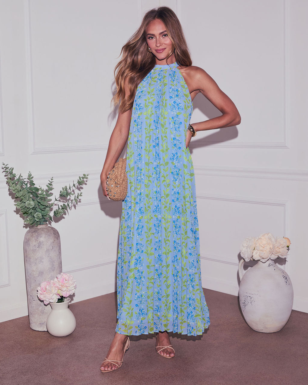 Vaughn Floral Pleated Halter Maxi Dress
