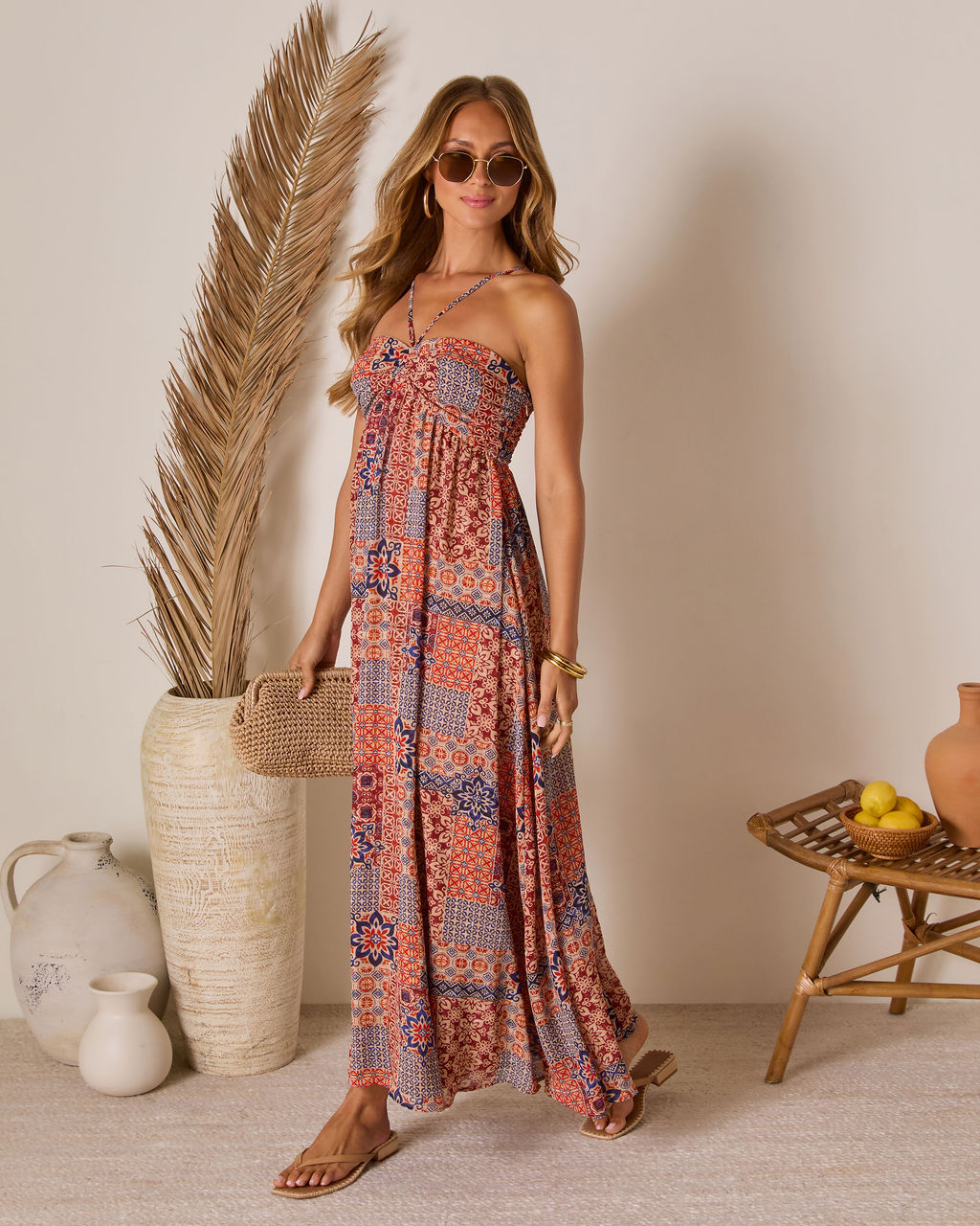 Eliora Tropical Print Halter Maxi Dress